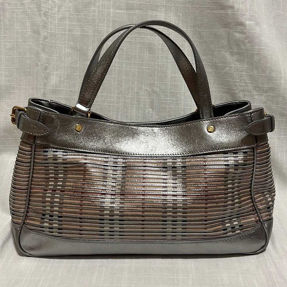 Burberry Haymarket Check Sliced Satchel Metallic